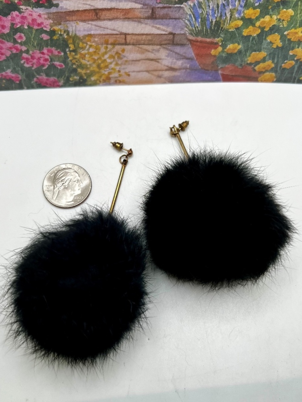 Vintage Black Rabbit Fur Pouf Earrings - Picture 3 of 3